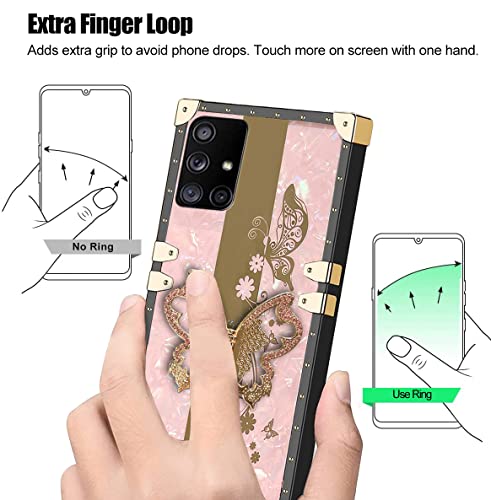 FLYING FLIER for Samsung Galaxy A71 5G Case, 3D Floral Bling Glitter Ring Kickstand Holder, with Square Rivet Shockproof Protective Case Elegant Slim TPU Phone Case for Girls Women (Floral-Pink)
