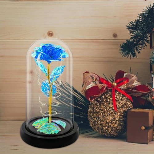 Christmas Rose Gifts for Women,Blue Colorful Artificial Flower,Xmas Rose Flowers Gift for Mom Her,Light Up Rose Flower in Glass Dome,Women Birthday Gifts Ideas for Her,Womens,Mom