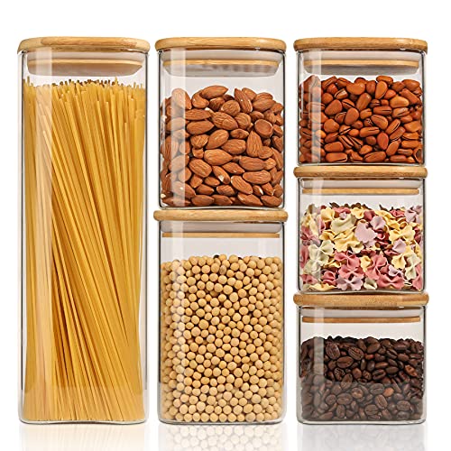 ComSaf 44oz Glass Storage Containers with Lids, Glass Jars with Lids, Clear Food Storage Jar, Square Glass Canister Set of 3, Pantry Organizers and Storage for Flour Oat Pasta Tea Cookie Coffee Bean