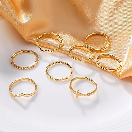 Honsny 8PCS 14K Gold Plated Rings for Women, Dainty Gold CZ Cross Heart Stackable Rings Stacking Band Ring Set for Women Size 4-11