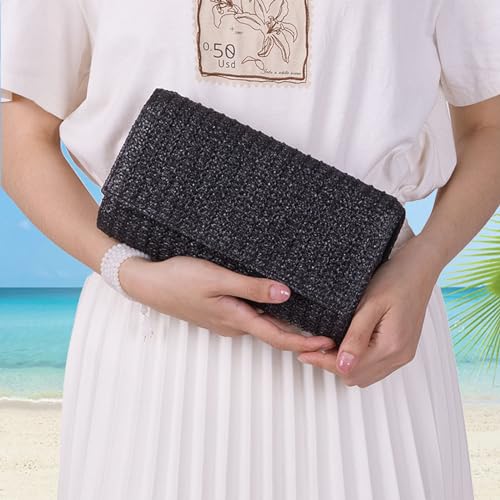 Liadreem Straw Clutch Purse Summer Shoulder Crossbody Bag, Raffia Evening Purse Envelope Clutch Handbag Beach Bag 2024 Trendy for Travel, Parties, Wedding, Black