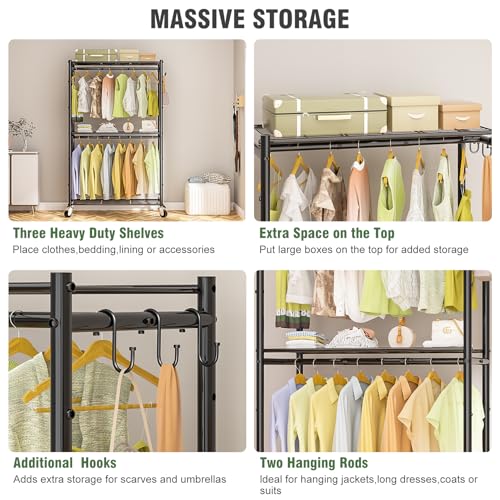 Neatrays Rolling Clothes Rack for Hanging Clothes, Metal Clothing Garment Rack with Double Rods & 3 Wire Shelves, Portable Wardrobe Closet with Wheels