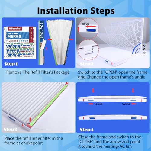 UBeesize 12x12x1 Air Filter(5-Pack),Upgrade AC/HVAC/Furnace Filter,MERV 8,MPR 700,Easy to Close/Open,1xReusable ABS Frame+5xReplaceable Filter(Actual Size: 11.54x11.54x0.87 Inch)