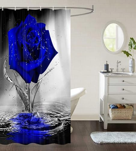 Blue Rose Shower Curtain for Bathroom, Elegant Blooming Floral with Dew Spring Flower Reflection on Water Modern Romantic Valentine's Day Bathroom Decor Shower Curtains Set with 12 Hooks36X72 Inches