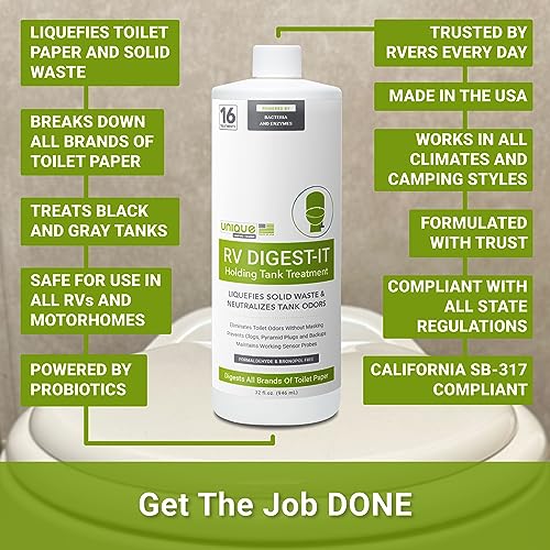 Unique RV Digest-It Black Water Tank Treatment - Concentrated Liquid RV Toilet Treatment - Eliminates Odor, Liquifies Waste, Prevents Sensor Misreading, CA Approved (32 oz.)