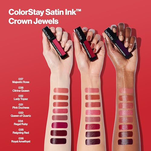 REVLON ColorStay Satin Ink Crown Jewels Liquid Lipstick, Longlasting & Waterproof Lipcolor, Moisturizing Creamy Formula Infused with Black Currant Seed Oil, 035 Reigning Red, 0.17 fl oz.