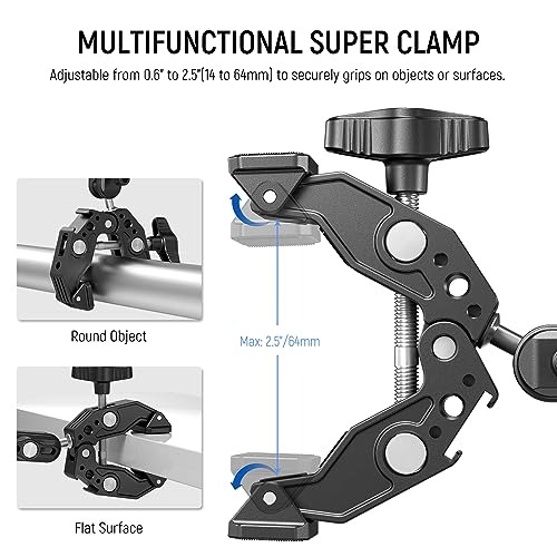 NEEWER Super Clamp with 3" Dual Ballhead Magic Arm, Cold Shoe, 1/4" Threads, Phone/Action Camera Mount Adapter for Desk Tripod Tube Crossbar Gimbal Rods Compatible with SmallRig GoPro DJI, ST83