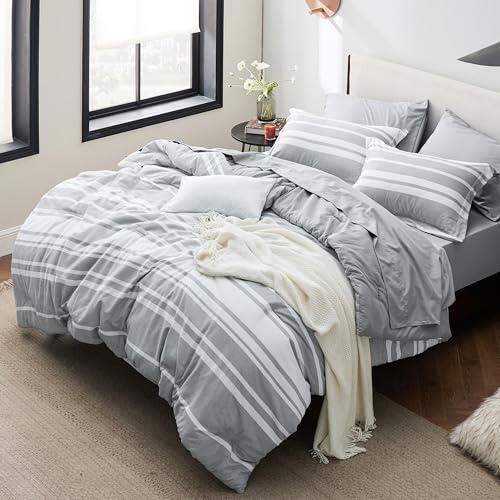 Bedsure Twin Duvet Cover Grey White Striped - Super Soft Cationic Dyed Duvet Cover for Kids with Zipper Closure, 2 Pieces, Includes 1 Reversible Duvet Cover (68"x90") & 1 Pillow Sham, NO Comforter
