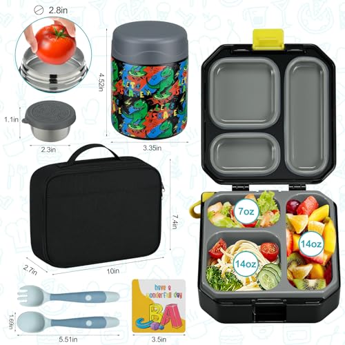 wiwens Bento Lunch Box for Kids with 12oz Soup Thermo Leak-Proof Lunch Food Container with 5 Compartment Thermo Hot Food Jar and Insulated Lunch Bag for Kid Toddler Girls Boys to School