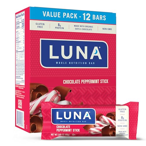 LUNA Bar - Chocolate Peppermint Stick - Gluten-Free - Non-GMO - 7-9g Protein - Made with Organic Oats - Low Glycemic - Whole Nutrition Snack Bars - 1.69 oz. (12 Pack)