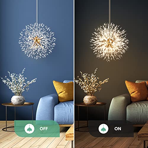 Modern Gold Crystal Chandeliers Firework, 8-Light Dandelion Chandelier, Semi Flush Mount Ceiling Light Fixtures, Stainless Steel Pendant Light for Bedroom Foyer Hallway Entryway Kitchen, G9 Socket