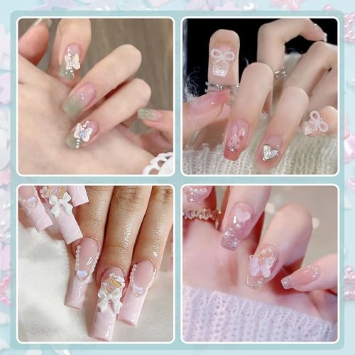 Pink White Bows Flowers Butterfly Pearls for Nails Heart Blossom Flowers Bowknots Acrylic Nail Charms for Manicure DIY Crafts Jewel Accessories