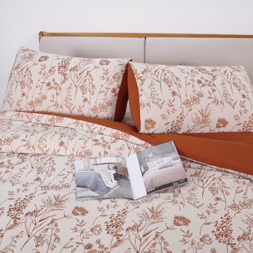 YINFUNG Flower Duvet Cover Floral Embroidered Burnt Orange Terracotta Rust White Queen Spring Wildflower Botanical Jacquard Textured 3 Pieces Bedding Set Country French Elegant