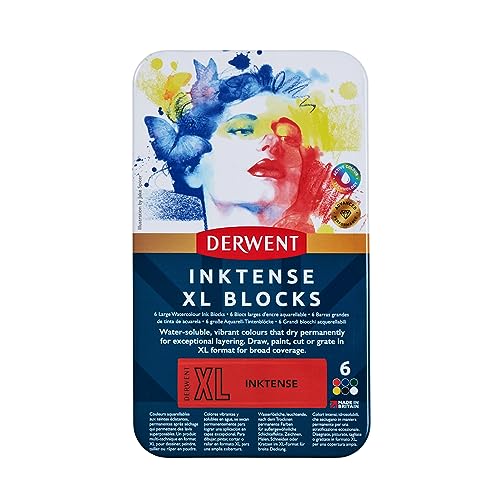 Derwent Inktense XL Blocks 6 Tin, Set of 6, 60mm Extra-Large Block, Water-soluble, Ideal for Sketching, Drawing and Expressive Mark Making, Professional Quality (2306161)