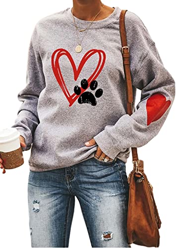 ETATNG Womens Dog Paw Print Mother's Day Shirt Crewneck Long Sleeve Casual Pullover Loose Dog Mom Sweatshirts Grey S