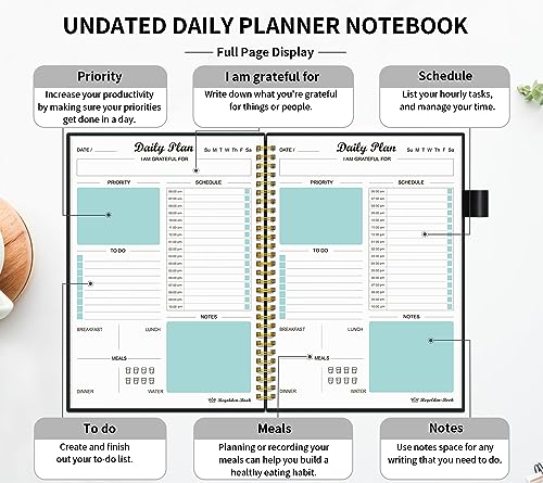 Daily Planner Undated, To Do List Notebook with Hourly Schedule Calendars Meal, Spiral Appointment Organizers Notebook for Man/Women, Pocket, Pen Loop, 160 Pages (5.5x8.5")