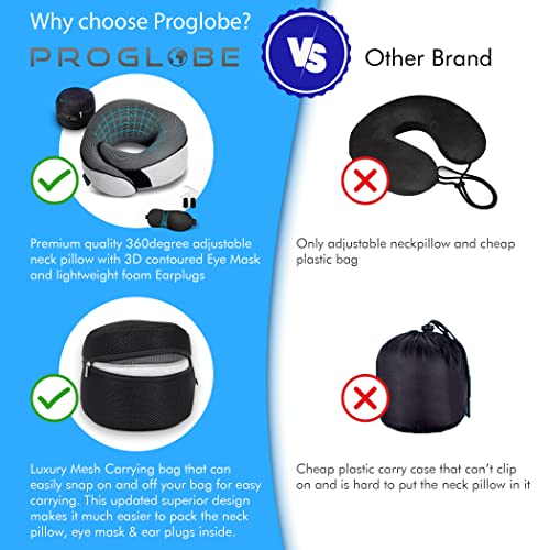 Proglobe Orthopedic Neck Pillow, Travel Neck Pillows for Airplanes, Memory Foam Kit, 360° Head Support, Airplane Pillow Set with 3D Contoured Eye Masks, Earplugs, and Luxury Mesh Bag (Black)