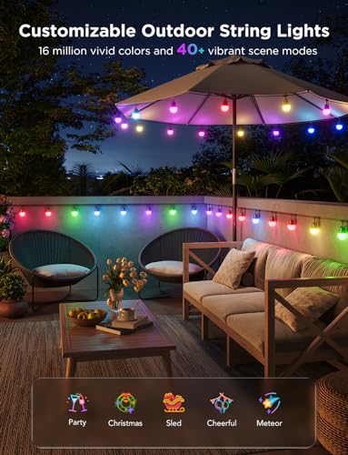 Govee Smart Outdoor String Lights 2, 48ft RGBIC Outdoor Lights with Dimmable Warm White LED Bulbs for Halloween, 47 Scene Modes for Patio, Backyard, IP65 Waterproof, Works with Alexa, App Control