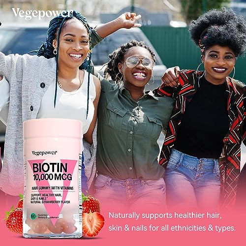 VEGEPOWER Biotin 10000mcg Hair Growth Gummies - Vegan Biotin Supplement Supports Healthy Hair, Skin and Nails, Non-GMO Hair Vitamin Gummy for Women Men Strawberry 60 Bears