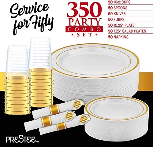 Prestee 350 Pc Disposable Dinnerware Set for 50 Guests - Gold - Reusable Party Supplies Set incl. 50 of Dinner Plates, Salad Plates, Knives, Forks, Spoons and Cups, Wedding Reception Supplies