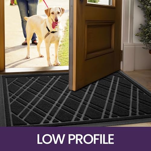 DEXI Front Door Mat Outside Entrance, All-Season Heavy Duty Rubber Indoor Outdoor Doormat, Fade Resistant, Low-Profile, Easy Clean Patio Entryway Rug, 17"x29", Weave Grey