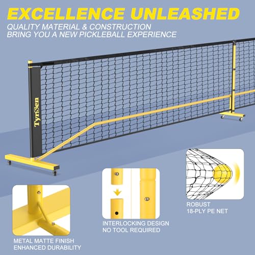 TYRSEN Portable Pickleball Net on Wheels, 22FT Pickleball Net for Driveway Backyard, 18-Ply PE Net, Weather Resistant Metal Frame Pickle Ball Net System for Indoor & Outdoor