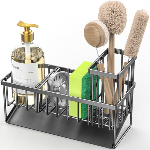 Cisily Kitchen Sink Caddy, Sponge Holder for Kitchen Sink, Kitchen Sink Organzier and Storage with High Brush Holder, Rustproof 304 Stainless Kitchen Gadgets Dish Sponge Organizer with Divider