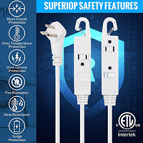 Maximm Extension Cord White 15 Ft with Automatic Closing Hook, Multi Outlet - 3 Prong Power Cord Extender Angled Flat Plug, Child Safety Feature (15ft)