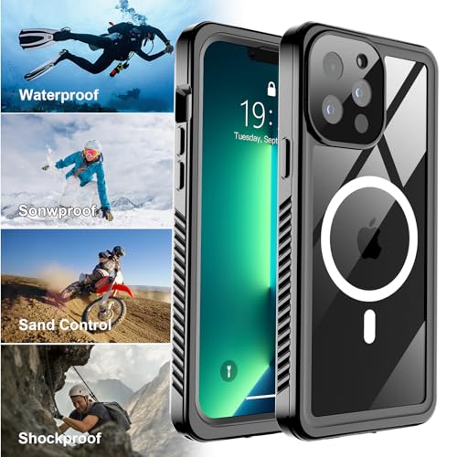 SUPFINE Magnetic for iPhone 12 Waterproof Case,[Built-in Screen Protector][IP68 Underwater][15FT Military Dropproof][Compatible with MagSafe] Full Body Heavy Duty Shockproof Phone Case-Black/Clear