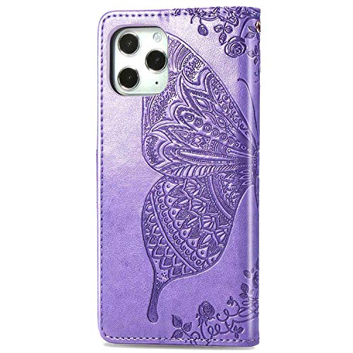 CaseHQ Compatible with iPhone 12 Mini Case 5.4 inch(2020),Wallet Case for Women and Girls,Premium Strap with Card Holder,3D Embossed Butterfly,Pu Leather Flip-Purple