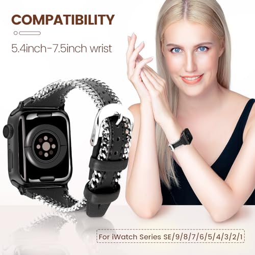 Ruibopad Leather Strap for Apple Watch Bands 40mm 41mm 38mm, Cute Slim Chain Bracelet for iWatch Bands Series 9 SE 8 7 6 5 4 3 2 1, Thin Genuine Leather Wristband for Apple Watch Women Men Black