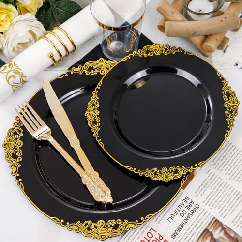 Nervure 350PCS Plastic Plates - Plastic Dinnerware Sets - 100 Disposable Plates, 150 Plastic Silverware, 50 Cups, 50 Napkins