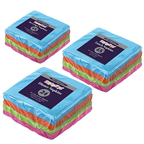 Party Essentials 2-Ply Paper Cocktail Beverage Napkins, Assorted Neon Brights, 48-Count
