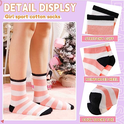 Eyean Girls Athletic Crew Socks Kids Cotton Sports Soft Breathable Casual Socks 6 Pairs (3-5 Years,Striped D)