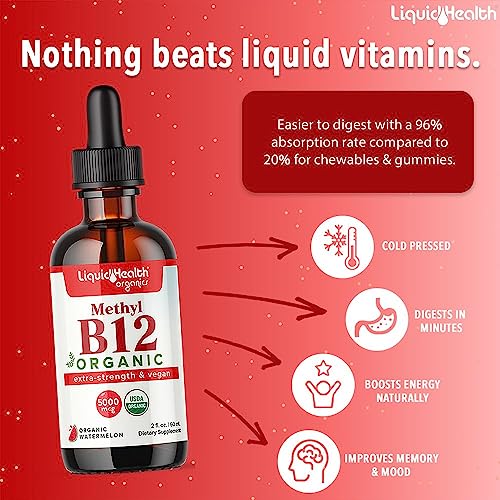 LIQUIDHEALTH Methyl Vitamin B12 Organic Liquid Pure Drops, Methylcobalamin Energy Boost, Focus Improve Memory, Natural Metabolism Vegan Safe Sublingual Hydroxocobalamin