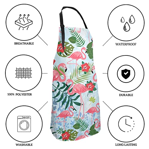 Wizfuyq Pink Flamingo Tropical Leaves Flowers Waterproof Work Apron Baking Aprons Novelty Cooking Chef Gift For Men Women Bbq Grilling With 2 Pockets Kitchen Apron