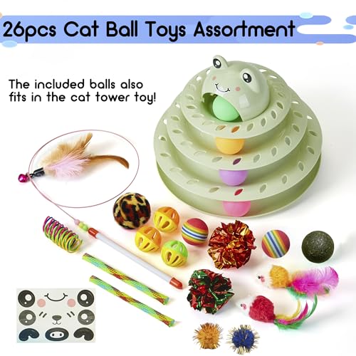 Gefryco 26pcs Cat Toys 4-Level Roller Track for Indoor Cats, Interactive Cat Toy with Colorful Balls Self Play Kitten Puzzle Toys, Fun Kitty Exercise Toys (Green)