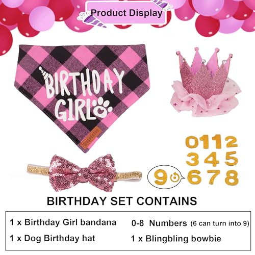 ADOGGYGO Dog Birthday Party Supplies, Multi Size Offered, Birthday Girl Dog Bandana, Pink Puppy Party Hat Crown with Numbers for Small Puppies Pets (Small)