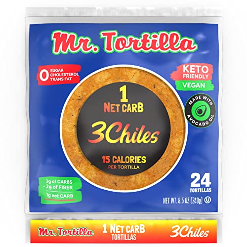 Mr. Tortilla Low Carb Keto Soft Taco Shells, Vegan Healthy Snacks & Bread Alternative, 1 Net Carb 15 Calories, Delicious Small Batch Kosher Wraps - (Spicy 3 Chiles, 24 Count)