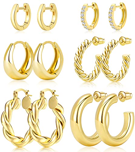 Adoyi Gold Hoop Earrings, 14K Gold Plated Lightweight Jewelry, Small Chunky Huggie Hoop Earrings Set for Women, 9 Pairs