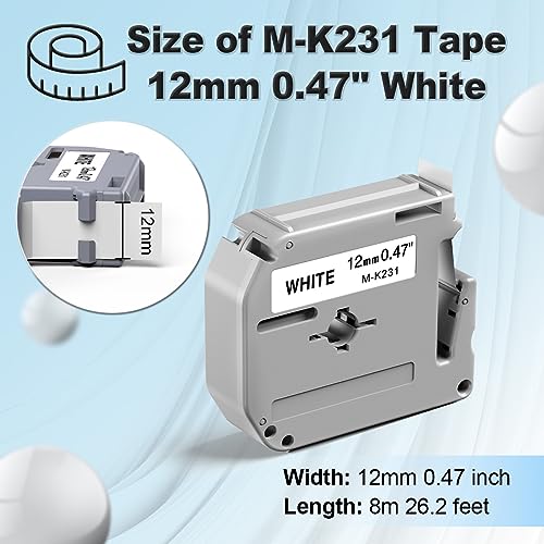 Labelife M-K231 Compatible Label Tape Replace for Brother P Touch M Tape M231 MK231 M-231 M-K231S 12mm 0.47 Inch for Brother PTouch PT-M95 PT-65 PT-80 PT-70 PT-45 Label Makers, Black on White, 4 Pack