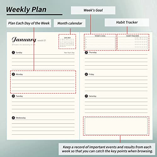 CAGIE Undated Planner Weekly and Monthly Planner with Inner Pocket Leather Organization To Do Notebook for Time Management Schedule 12 Months 54 Weeks, 5.7" x 8.3", Gold