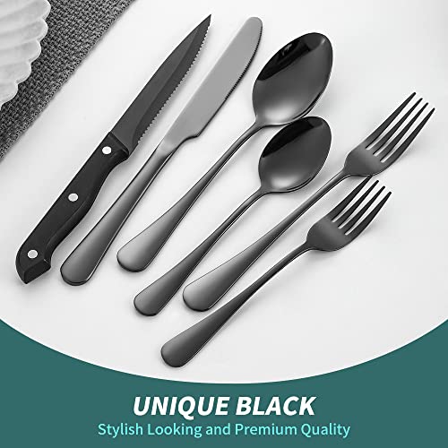 A · HOUSEWARE Silvery Flatware Set 4 Hollow Out Cutlery Stainless Steel Silverware 20 Pieces Forks Spoons and Knives Kitchen Utensils Hanging Handle Durable