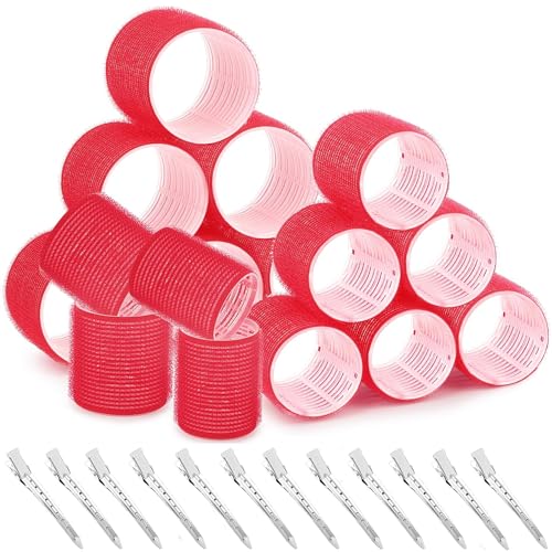 24Pcs Jumbo Hair Curlers Rollers, Self Grip Hair Roller Set with 12 Salon DIY Heatless Hair Curlers Holding Rollers and 12 Stainless Steel Duckbill Clips for Long Medium Hair Bangs Volume
