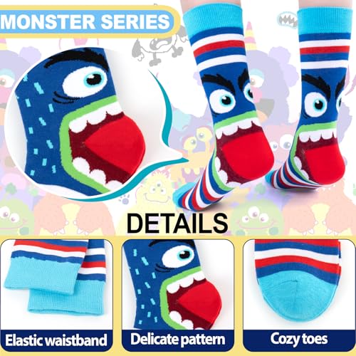 Dsia Zamur 6 Pack Novelty Kids Boys Monster Socks + Gift Box, Funny Crazy Eyes Colorful Athletic Halloween Christmas Stripe Calf Crew Socks for Girls Children Sons 2-4 Years