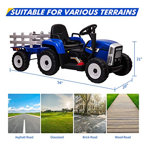 Nasitip 12V Kids Battery Powered Electric Tractor with Trailer, Toddler Ride On Car w/Remote Control/ 7-LED Headlights/ 2+1 Gear Shift/ MP3 Player/USB Port for Kids 3-6 Years (Blue, 25W/ Tread Tire)