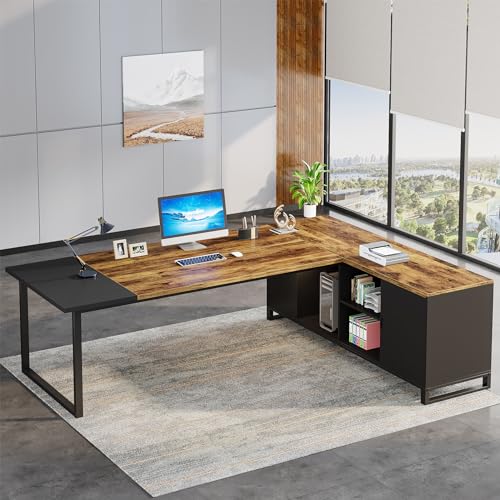 Tribesigns 70.8" Executive Desk with 55" File Cabinet, Modern L Shaped Computer Desk with Storage Shelves and Cabinet, Large L Shaped Executive Desk for Home Office, Beige & Walnut