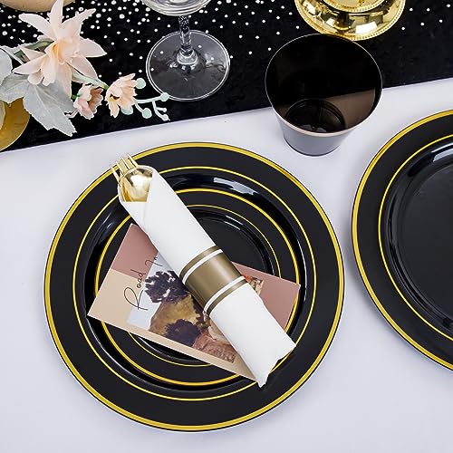 WDF Partyware 350 Pieces Black and Gold Plastic Plates with Disposable Silverware, Include 50 Dinner Plates 9”, 50 Dessert Plates 6.3”, 50 Gold Rim Black Cups 9 OZ, 50 Pre Rolled Napkins Packed in