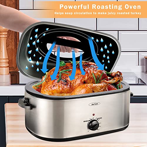 26 Quart Electric Roaster Oven, Turkey Roaster with Viewing Lid, Large Stainless Steel Roaster Oven Silver