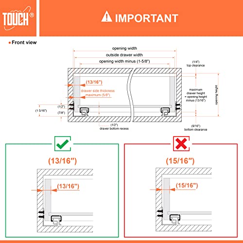TOUCH Undermount Drawer Slides, Self-Soft Close (1 Pair, 12 Inch 305mm) for 1/2 and 5/8 Inch Side Panel, Kitchen Concealed Drawer Track Guide, Bottom Mount, 75 LB Capacity 3D Adjustable Lock Device.